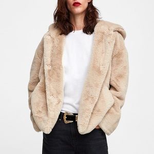 Zara Faux Fur Coat with Hood and Snap Buttons Beige Cream Tan Coat Size Small